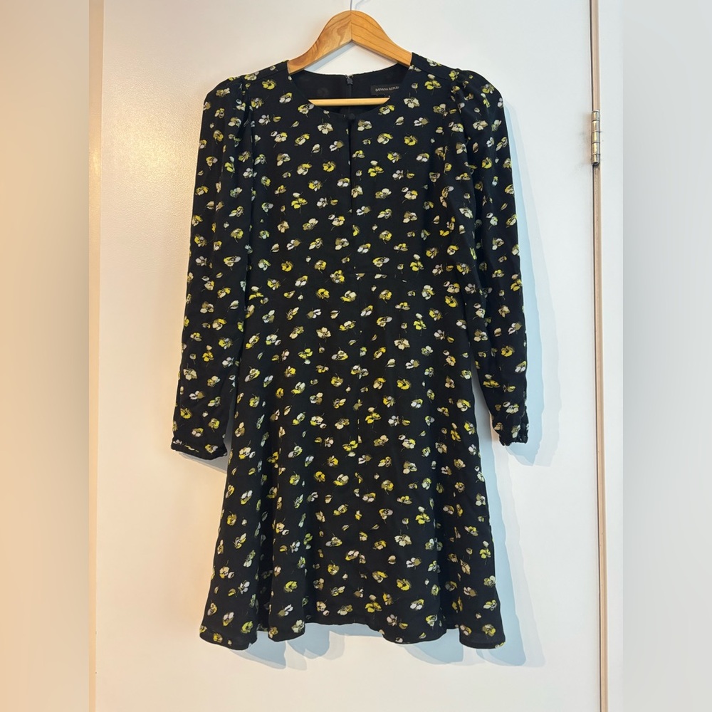 Banana Republic Black Long Sleeve Floral Dress with Yellow and White Print